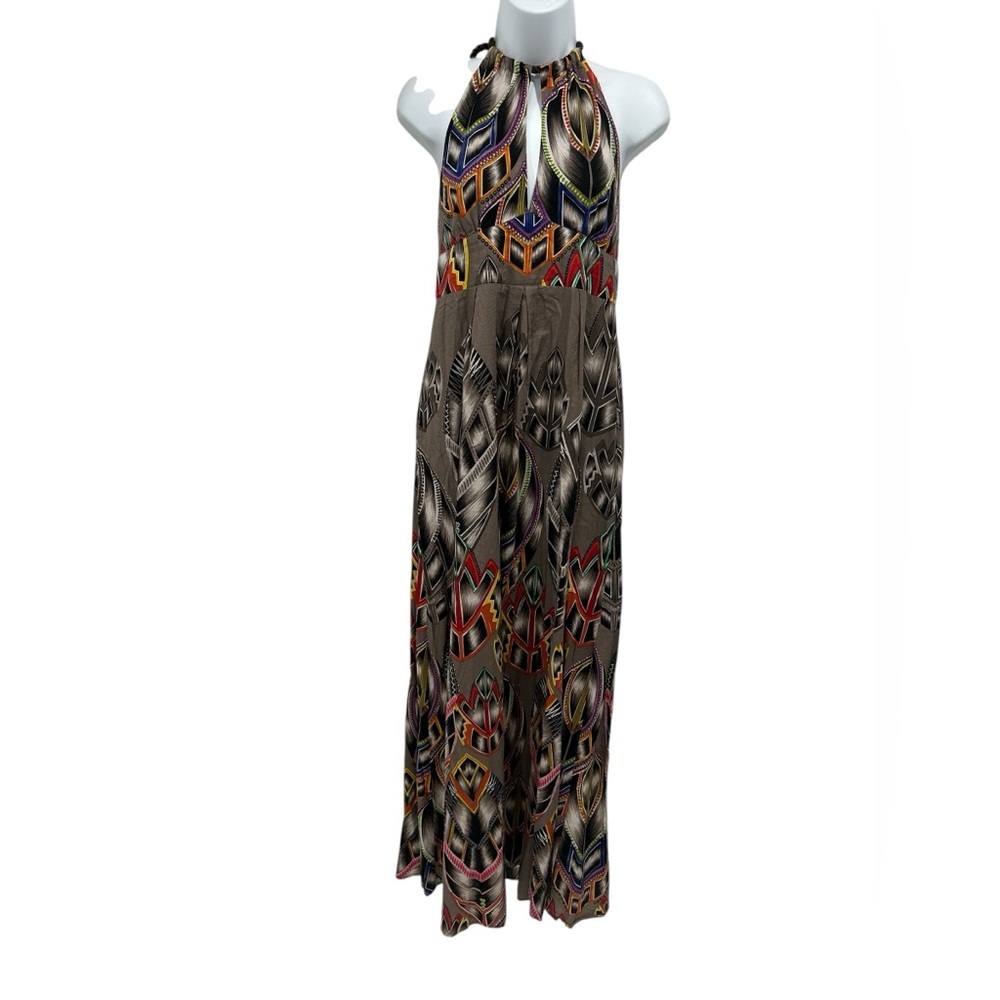 Warehouse Tribal African Feather Print Halter Neck Cotton Maxi Dress - Size 8/M